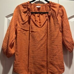 Lush Women Blouse Sm Burnt Orange Crinkle 3/4 Balloon Sleeve Top Ruffle Tie Neck